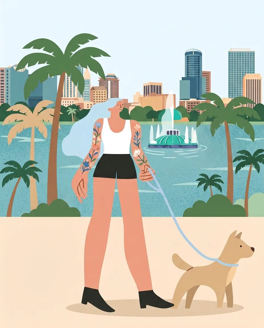 Illustration of Jasmine, a friendly dog walker with pale blue hair and floral tattoos, walking a happy dog in Downtown Orlando